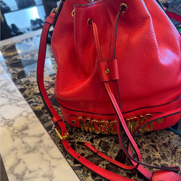 Moschino Bold Red Leather Drawstring Bag